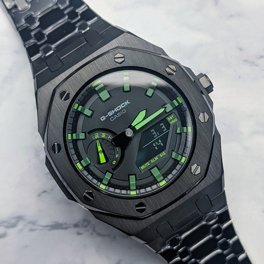 Modified CasiOak Green Dial on Black Stainless Steel - Q Wrist - Modified Watches