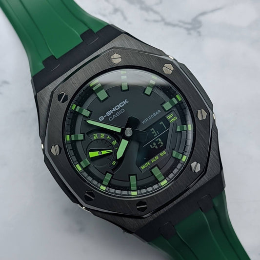 Modified CasiOak Offshore Green Dial on Green Rubber Strap - Q Wrist - Modified Watches
