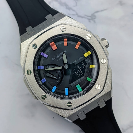 Modified CasiOak Offshore Rainbow Dial on Black Rubber Strap - Q Wrist - Modified Watches