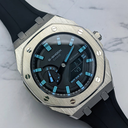 Modified CasiOak Offshore Tiffany Blue Dial on Black Rubber Strap - Q Wrist - Modified Watches