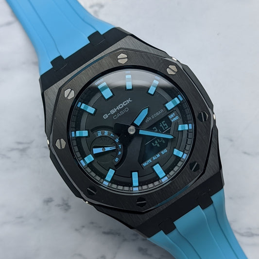 Modified CasiOak Offshore Tiffany Blue Dial on Blue Rubber Strap - Q Wrist - Modified Watches