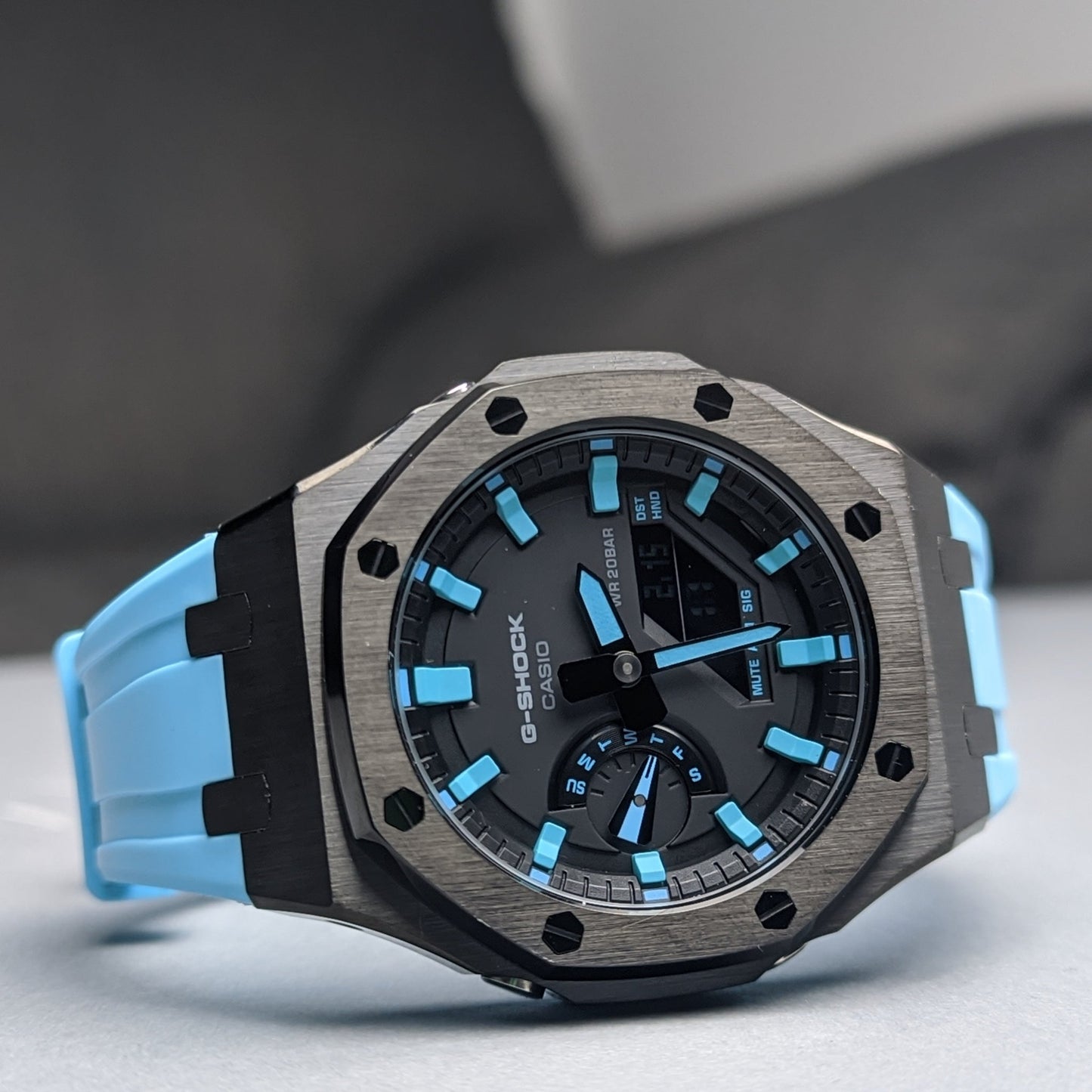 Modified CasiOak Offshore Tiffany Blue Dial on Blue Rubber Strap - Q Wrist - Modified Watches
