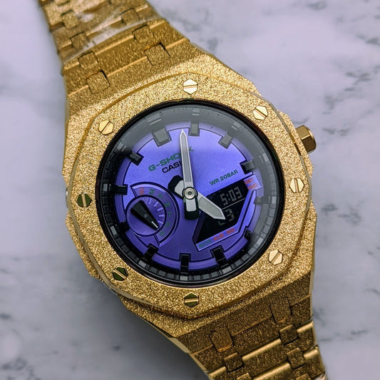 Modified CasiOak Purple Dial on Frosted Gold Stainless Steel - Q Wrist - Modified Watches