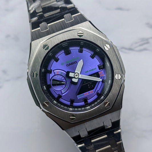 Modified CasiOak Purple Dial on Silver Stainless Steel - Q Wrist - Modified Watches