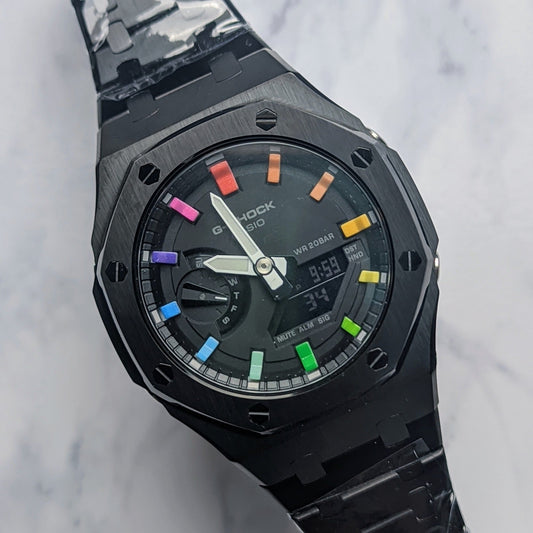 Modified CasiOak Rainbow Dial on Black Stainless Steel - Q Wrist - Modified Watches