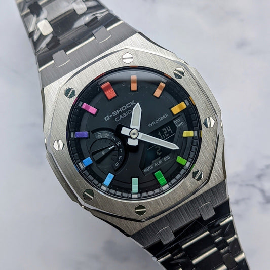 Modified CasiOak Rainbow Dial on Silver Stainless Steel - Q Wrist - Modified Watches