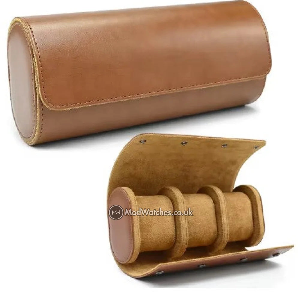 Three Watch Storage Roll - Brown Leather